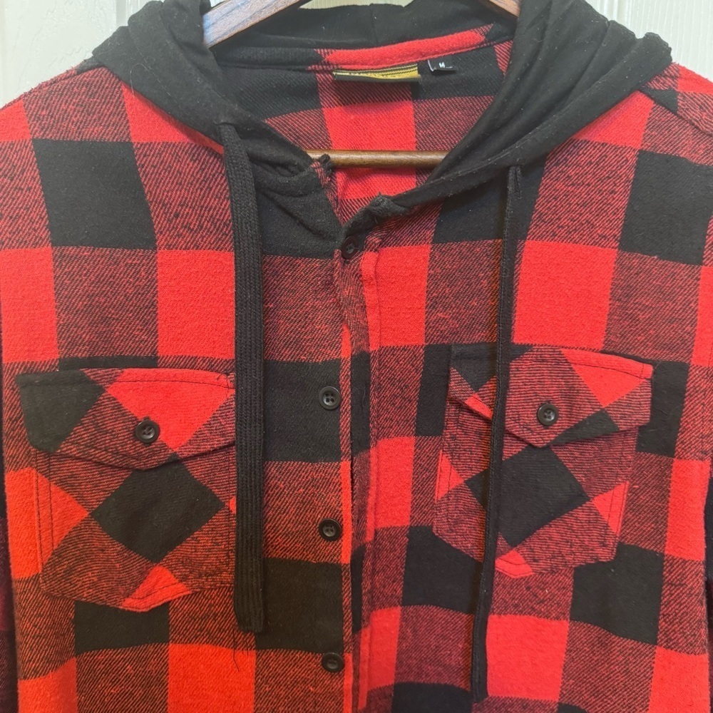 Reccess Red and Black Plaid Hoodie Shirt 100% Cotton Men’s Size Medium - Picture 4 of 9